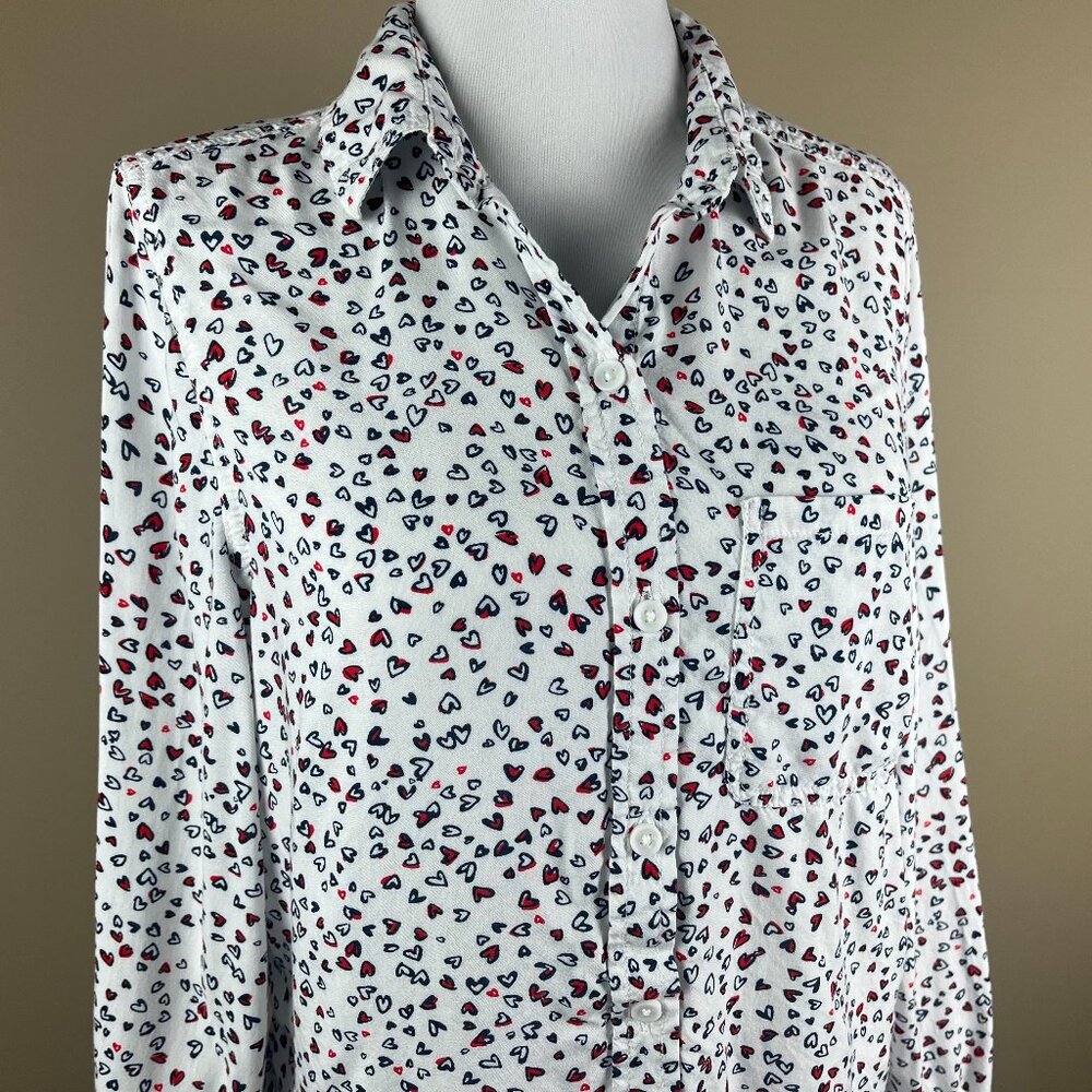 BeachLunchLounge Long Sleeve Blouse Size S White Red Black, Heart Print